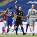 Referee Anthony Taylor shows Cesar Azpilicueta of Chelsea the yellow card during the FA Cup Final match between Arsenal and Chelsea at Wembley Stadium on August 01, 2020 in London, England. Football Stadiums around Europe remain empty due to the Coronavirus Pandemic as Government social distancing laws prohibit fans inside venues resulting in all fixtures being played behind closed doors. (Photo by David Price/Arsenal FC via Getty Images)