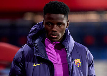 Abdul Aziz Issah of FC Barcelona Atletic looks on prior to the Segunda RFEF G3 match between FC Barcelona Atletic and Valencia Mestalla at Estadi Johan Cruyff on January 07, 2026 in Barcelona, Spain. (Photo by Pablo Rodriguez/Quality Sport Images/Getty Images)
