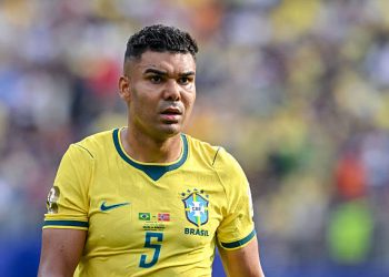 Casemiro of Brazil looks on during the FIFA World Cup 2026 Round of 16 match between Brazil and Norway at New York New Jersey Stadium on July 5, 2026 in East Rutherford, United States. (Photo by Harry Langer/DeFodi Images/DeFodi via Getty Images)