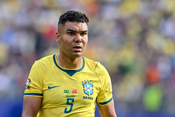 Casemiro of Brazil looks on during the FIFA World Cup 2026 Round of 16 match between Brazil and Norway at New York New Jersey Stadium on July 5, 2026 in East Rutherford, United States. (Photo by Harry Langer/DeFodi Images/DeFodi via Getty Images)
