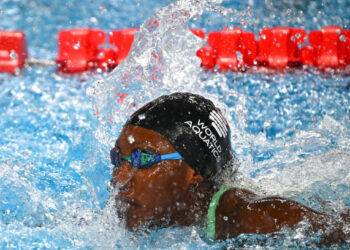 Unilez Takyi of Ghana competes in the 50m Freestyle Women Heats during the 21st World Aquatics Championships at the Aspire Dome. Doha (Qatar), February 17, 2024. (Photo by Deepbluemedia/Mondadori Portfolio via Getty Images)