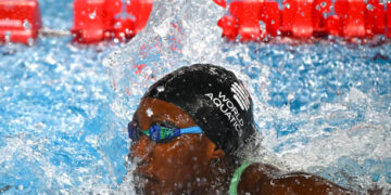 Unilez Takyi of Ghana competes in the 50m Freestyle Women Heats during the 21st World Aquatics Championships at the Aspire Dome. Doha (Qatar), February 17, 2024. (Photo by Deepbluemedia/Mondadori Portfolio via Getty Images)