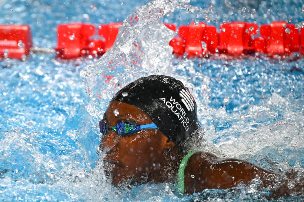 Unilez Takyi of Ghana competes in the 50m Freestyle Women Heats during the 21st World Aquatics Championships at the Aspire Dome. Doha (Qatar), February 17, 2024. (Photo by Deepbluemedia/Mondadori Portfolio via Getty Images)