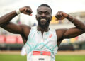 Joseph Amoah of Ghana celebrates after winning the men's 100 metres final at the Edmonton Athletics Invitational in Edmonton, Alberta, Canada, on July 13, 2025. (Photo by Artur Widak/NurPhoto via Getty Images)