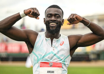 Joseph Amoah of Ghana celebrates after winning the men's 100 metres final at the Edmonton Athletics Invitational in Edmonton, Alberta, Canada, on July 13, 2025. (Photo by Artur Widak/NurPhoto via Getty Images)