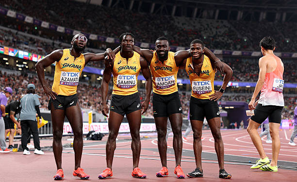 Benjamin Azamati, Abdul-Rasheed Saminu, Joseph Paul Amoah and Ibrahim Fuseini of Team Ghana pose for a photo after competing in the Men's 4x100 Metres Relay Heats on day eight of the World Athletics Championships Tokyo 2025 at National Stadium on September 20, 2025 in Tokyo, Japan.  (Photo by Christian Petersen/Getty Images)