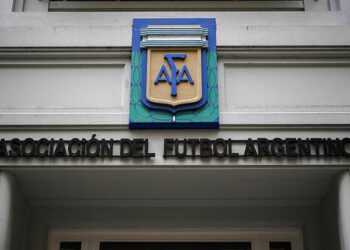 This image shows the logo of Argentine Football Association (AFA), at the headquarters entrance in Buenos Aires on March 6, 2026. (Photo by Luis ROBAYO / AFP via Getty Images)