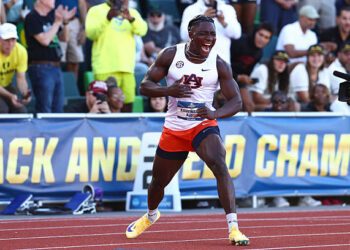 Kanyinsola Ajayi of the Auburn Tigers celebrates winning the 100 Meter final during the Division I Men's and Women's Track and Field Championship held at Hayward Field on June 12, 2026 in Eugene, Oregon. (Photo by Chris Swann/NCAA Photos via Getty Images)