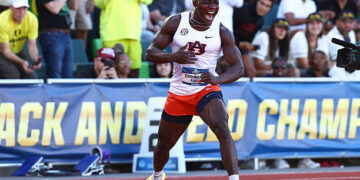 Kanyinsola Ajayi of the Auburn Tigers celebrates winning the 100 Meter final during the Division I Men's and Women's Track and Field Championship held at Hayward Field on June 12, 2026 in Eugene, Oregon. (Photo by Chris Swann/NCAA Photos via Getty Images)