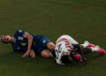 United States forward Folarin Balogun (20) and Bosnia and Herzegovina defender Tarik Muharemovic (4) are seen on the field after coming together during the second half of the FIFA World Cup 2026 Round of 32 Football match against Bosnia and Herzegovina in Santa Clara, Calif., Wednesday, July 1, 2026. Balogun was given a red card after a VAR review. (Photo by Stephen Lam/San Francisco Chronicle via Getty Images)