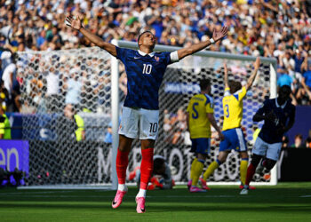 Kylian Mbappe #10 of France reacts after a missed chance during the FIFA World Cup 2026 Round Of 32 match between France and Sweden at New York New Jersey Stadium on June 30, 2026 in East Rutherford, New Jersey. (Photo by Shaun Botterill - FIFA/FIFA via Getty Images)