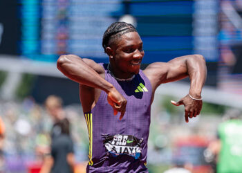 Kayinsola Ajayi of Nigeria reacts after winning the Men's 100m during the Prefontaine Classic, part of the 2026 Wanda Diamond League at Hayward Field on July 04, 2026 in Eugene, Oregon. (Photo by Ali Gradischer/Getty Images)