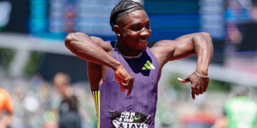 Kayinsola Ajayi of Nigeria reacts after winning the Men's 100m during the Prefontaine Classic, part of the 2026 Wanda Diamond League at Hayward Field on July 04, 2026 in Eugene, Oregon. (Photo by Ali Gradischer/Getty Images)