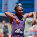 Kayinsola Ajayi of Nigeria reacts after winning the Men's 100m during the Prefontaine Classic, part of the 2026 Wanda Diamond League at Hayward Field on July 04, 2026 in Eugene, Oregon. (Photo by Ali Gradischer/Getty Images)