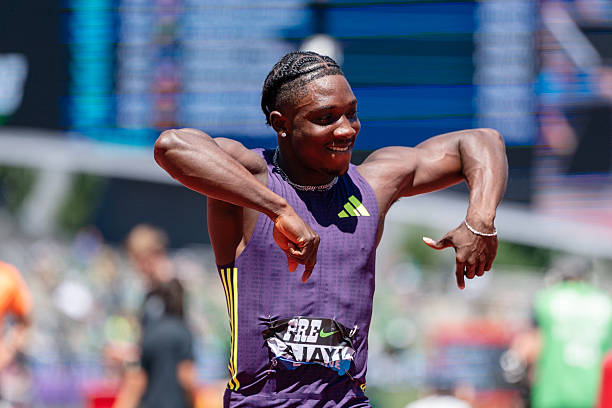 Kayinsola Ajayi of Nigeria reacts after winning the Men's 100m during the Prefontaine Classic, part of the 2026 Wanda Diamond League at Hayward Field on July 04, 2026 in Eugene, Oregon. (Photo by Ali Gradischer/Getty Images)