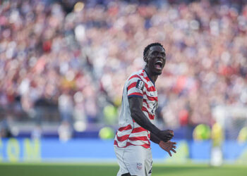 Folarin Balogun, #20 of the United States celebrates after scoring a goal during the FIFA World Cup 2026 Round Of 32 match between United States and Bosnia and Herzegovina at San Francisco Bay Area Stadium on July 1, 2026 in Santa Clara, California. (Photo by Elysia Su/ISI Photos/ISI Photos via Getty Images)