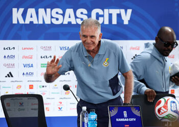 Carlos Queiroz, Head Coach of Ghana, waves during a press conference ahead of the FIFA World Cup 2026 Round of 32 match between Colombia and Ghana at Kansas City Stadium on July 02, 2026 in Kansas City, Missouri. (Photo by Julian Finney - FIFA/FIFA via Getty Images)