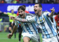 Argentina's forward #10 Lionel Messi celebrates scoring his team's second goal during the 2026 World Cup round of 16 football match between Argentina and Egypt at Atlanta Stadium in Atlanta on July 7, 2026.  (Photo by Thomas COEX / AFP via Getty Images)