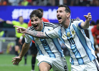 Argentina's forward #10 Lionel Messi celebrates scoring his team's second goal during the 2026 World Cup round of 16 football match between Argentina and Egypt at Atlanta Stadium in Atlanta on July 7, 2026. (Photo by Thomas COEX / AFP via Getty Images)