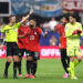 Mohamed Salah of Egypt protests as referee Francois Letexier shows the yellow card to Mostafa Shoubir of Egypt during the FIFA World Cup 2026 Round Of 16 match between Argentina and Egypt at Atlanta Stadium on July 7, 2026 in Atlanta, United States. (Photo by Charlotte Wilson/Offside/Offside via Getty Images)