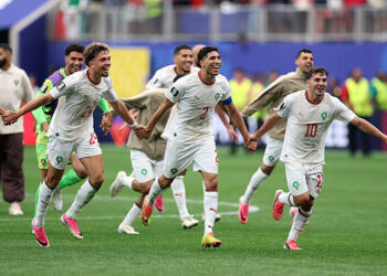 Neil El Aynaoui #24, Achraf Hakimi #2 and Brahim Diaz #10 of Morocco applaud fans after the 3-0 victory during the FIFA World Cup 2026 Round of 16 match between Canada and Morocco at Houston Stadium on July 04, 2026 in Houston, Texas. (Photo by Kevin C. Cox/Getty Images)
