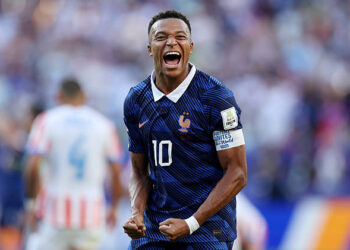 Kylian Mbappe #10 of France celebrates the team's 1-0 victory in the FIFA World Cup 2026 Round of 16 match between Paraguay and France at Philadelphia Stadium on July 04, 2026 in Philadelphia, Pennsylvania. (Photo by Buda Mendes/Getty Images)