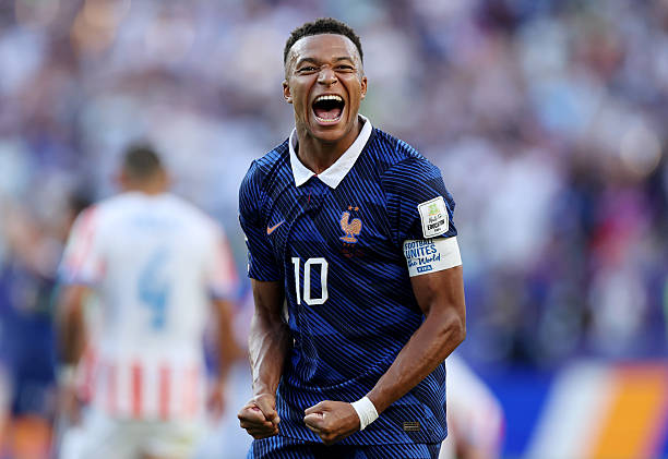 Kylian Mbappe #10 of France celebrates the team's 1-0 victory in the FIFA World Cup 2026 Round of 16 match between Paraguay and France at Philadelphia Stadium on July 04, 2026 in Philadelphia, Pennsylvania. (Photo by Buda Mendes/Getty Images)