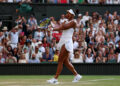 Naomi Osaka of Japan celebrates winning match point against Aryna Sabalenka during their Ladies' Singles fourth round match on day seven of The Championships Wimbledon 2026 at All England Lawn Tennis and Croquet Club on July 05, 2026 in London, England. (Photo by Cameron Spencer/Getty Images)