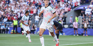 Charles De Ketelaere #17 of Belgium celebrates scoring his team's second goal during the FIFA World Cup 2026 Round of 16 match between USA and Belgium at Seattle Stadium on July 06, 2026 in Seattle, Washington. (Photo by Alex Grimm/Getty Images)