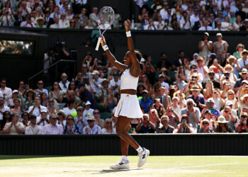 Coco Gauff of United States celebrates winning match point against Jessica Pegula of United States during their Ladies' Singles quarterfinal match on day nine of The Championships Wimbledon 2026 at All England Lawn Tennis and Croquet Club on July 07, 2026 in London, England. (Photo by Clive Brunskill/Getty Images)