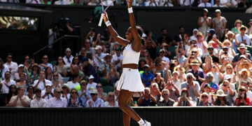 Coco Gauff of United States celebrates winning match point against Jessica Pegula of United States during their Ladies' Singles quarterfinal match on day nine of The Championships Wimbledon 2026 at All England Lawn Tennis and Croquet Club on July 07, 2026 in London, England. (Photo by Clive Brunskill/Getty Images)