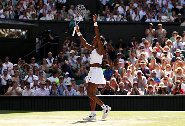 Coco Gauff of United States celebrates winning match point against Jessica Pegula of United States during their Ladies' Singles quarterfinal match on day nine of The Championships Wimbledon 2026 at All England Lawn Tennis and Croquet Club on July 07, 2026 in London, England. (Photo by Clive Brunskill/Getty Images)
