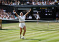 Karolina Muchova of Czechia celebrates winning match point against Coco Gauff of United States during their Ladies' Singles semifinal match on day eleven of The Championships Wimbledon 2026 at All England Lawn Tennis and Croquet Club on July 09, 2026 in London, England. (Photo by Clive Brunskill/Getty Images)
