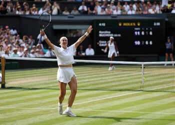 Karolina Muchova of Czechia celebrates winning match point against Coco Gauff of United States during their Ladies' Singles semifinal match on day eleven of The Championships Wimbledon 2026 at All England Lawn Tennis and Croquet Club on July 09, 2026 in London, England. (Photo by Clive Brunskill/Getty Images)