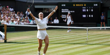 Karolina Muchova of Czechia celebrates winning match point against Coco Gauff of United States during their Ladies' Singles semifinal match on day eleven of The Championships Wimbledon 2026 at All England Lawn Tennis and Croquet Club on July 09, 2026 in London, England. (Photo by Clive Brunskill/Getty Images)
