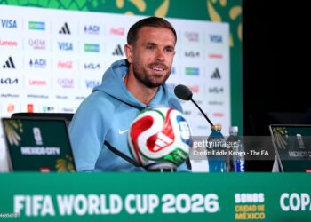 Jordan Henderson #14 of England speaks to the media during a press conference ahead of the FIFA World Cup 2026 Round of 16 match between Mexico and England (Photo by Eddie Keogh - The FA/The FA via Getty Images)