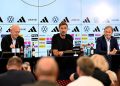 (L-R) Bernd Neuendorf, President of the German Football Association
(DFB), Juergen Klopp, Head Coach of Germany and Hans-Joachim Watzke, Vice President of the German Football Association (DFB), take part in the DFB Press Conference at DFB-Campus on July 24, 2026 in Frankfurt am Main, Germany. (Photo by Christian Kaspar-Bartke/Getty Images)