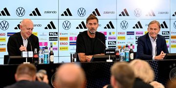 (L-R) Bernd Neuendorf, President of the German Football Association
(DFB), Juergen Klopp, Head Coach of Germany and Hans-Joachim Watzke, Vice President of the German Football Association (DFB), take part in the DFB Press Conference at DFB-Campus on July 24, 2026 in Frankfurt am Main, Germany. (Photo by Christian Kaspar-Bartke/Getty Images)
