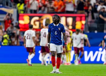 Manu Kone of France during the 2026 World Cup match between France and Spain at Dallas Stadium on July 14, 2026, in Dallas, United States. (Photo by Stefan Koops/EYE4IMAGES/NurPhoto via Getty Images)