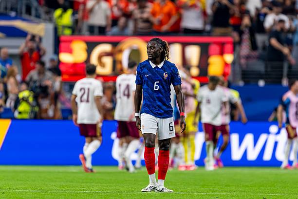 Manu Kone of France during the 2026 World Cup match between France and Spain at Dallas Stadium on July 14, 2026, in Dallas, United States. (Photo by Stefan Koops/EYE4IMAGES/NurPhoto via Getty Images)