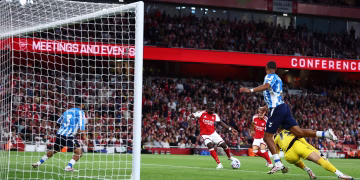 Bukayo Saka scoring the second goal. Photo Courtesy: Getty Images