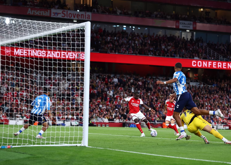Bukayo Saka scoring the second goal. Photo Courtesy: Getty Images
