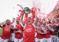 Martin Odegaard of Arsenal lifts the Premier League trophy during the Premier League match between Crystal Palace and Arsenal at Selhurst Park on May 24, 2026 in London, England. (Photo by Michael Regan/Getty Images For Premier League)