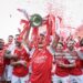 Martin Odegaard of Arsenal lifts the Premier League trophy during the Premier League match between Crystal Palace and Arsenal at Selhurst Park on May 24, 2026 in London, England. (Photo by Michael Regan/Getty Images For Premier League)