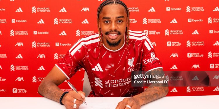 Bradley Barcola new signing of Liverpool at AXA Training Centre on August 30, 2026 in Kirkby, England. (Photo by Liverpool FC/Liverpool FC via Getty Images)