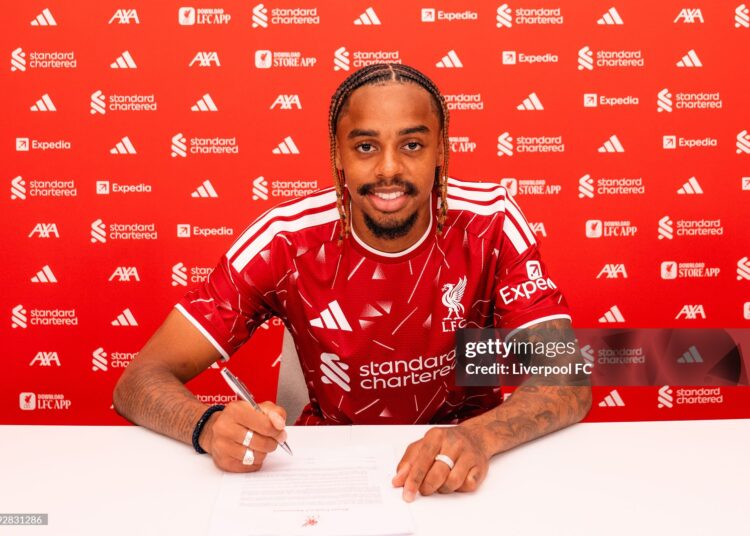 Bradley Barcola new signing of Liverpool at AXA Training Centre on August 30, 2026 in Kirkby, England. (Photo by Liverpool FC/Liverpool FC via Getty Images)