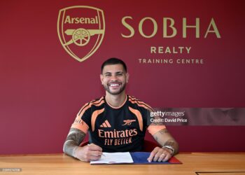Bruno Guimaraes signs for Arsenal (Photo by David Price/Arsenal FC via Getty Images)