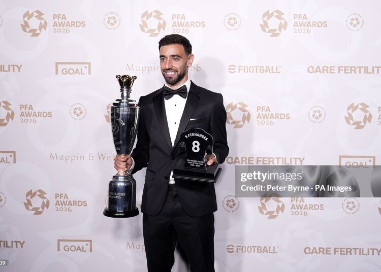 Bruno Fernandes with his PFA players player of the year award during the PFA Awards 2026 (Photo by Peter Byrne/PA Images via Getty Images)