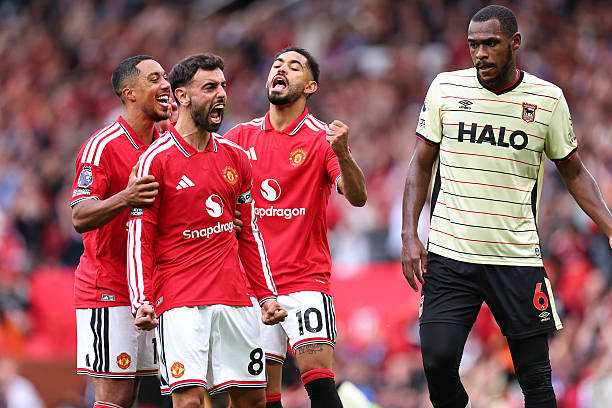 Bruno Fernandes of Manchester United celebrates after scoring a penalty to make it 3-1 during the Premier League 2026/27 match between Manchester United and Ipswich Town at Old Trafford on August 30, 2026 in Manchester, United Kingdom. (Photo by Robbie Jay Barratt - AMA/Getty Images)