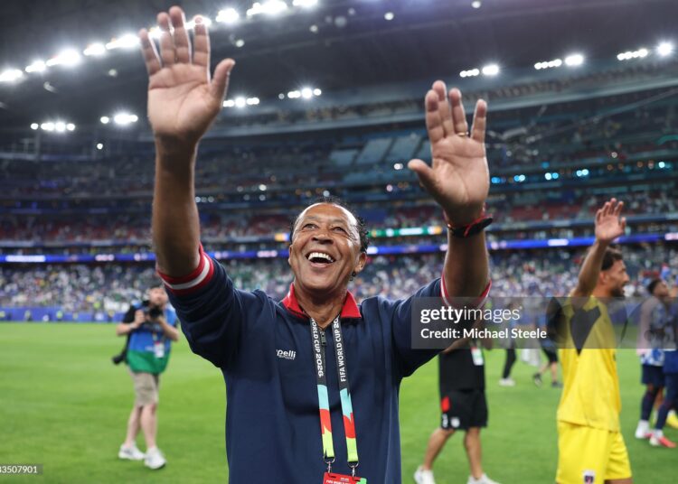 Bubista, Head Coach of Cabo Verde, applauds fans after the 0-0 draw during the FIFA World Cup 2026 Group H match between Cabo Verde and Saudi Arabia (Photo by Michael Steele/Getty Images)
